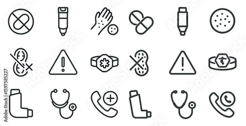 Allergy and health outline icons set – linear, medical, wellness symbols