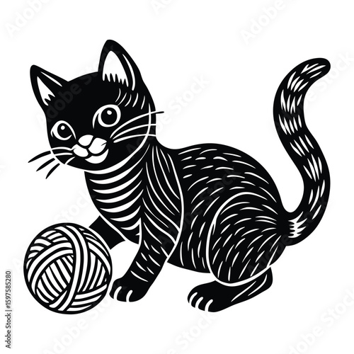 Black cat playing with a ball and a mouse