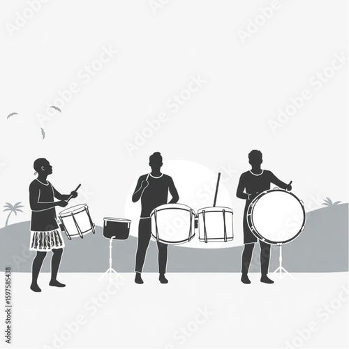 A group of drummers beating out a rhythm at sunset