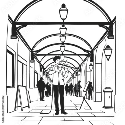 A violinist busking beneath a covered arcade