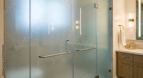 Frosted glass shower doors with metal handles in a bathroom next to a vanity and mirror