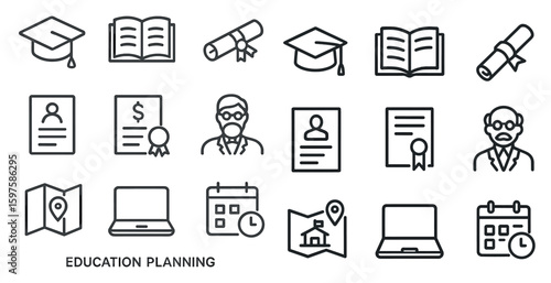 Education planning icons set - outline, linear, academic and learning symbols