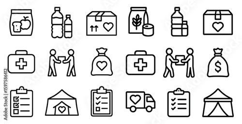 Charity and donation icons set - line, outline, philanthropy and care symbols