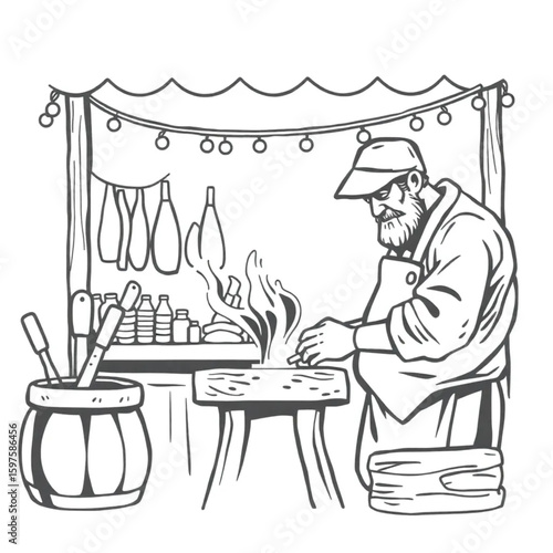 A blacksmith hammering iron at a festival booth