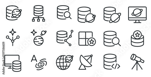 Space and technology line icons set – outline, linear, astronomy and data symbols