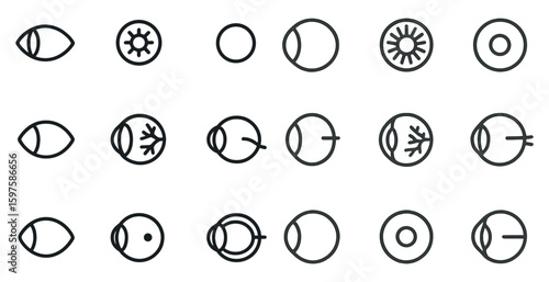 Eye and vision outline icons set – line, medical, healthcare symbols