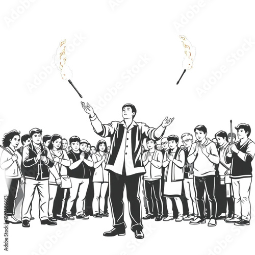 A street performer juggling flaming pins for a crowd