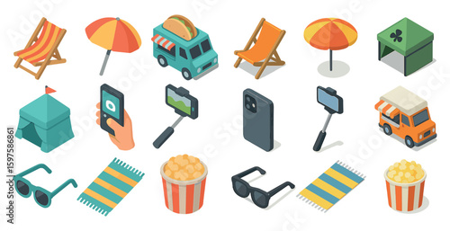 Travel and tourism isometric icons set – vacation, trip, adventure planning symbols