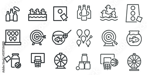 Carnival games outline icons set – amusement, fairground, festival symbols