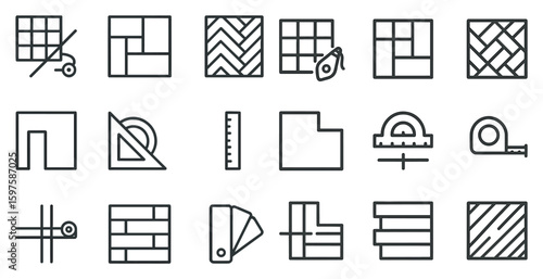 Architecture and flooring icons set – outline, design, construction tools