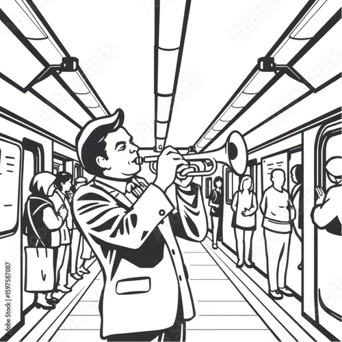 A trumpet player performing in a bustling subway station