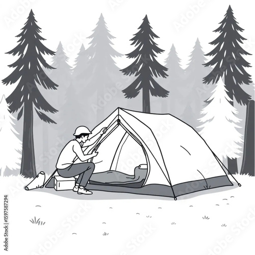Two friends assembling a tent at a forested campsite