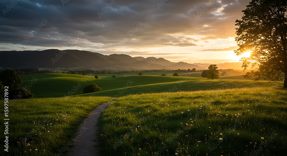 Obraz premium Cloudy sunset light across lush green field with hillside tree and scenic path
