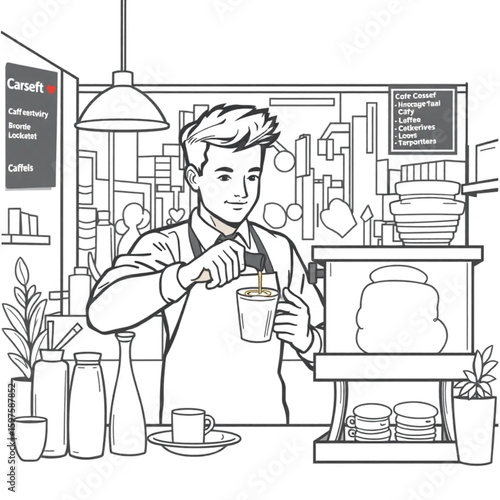A barista pouring a latte in a bustling city café