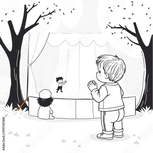 A toddler clapping at a puppet show in the park