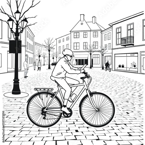 A cyclist pausing to check a map in a cobblestoned square