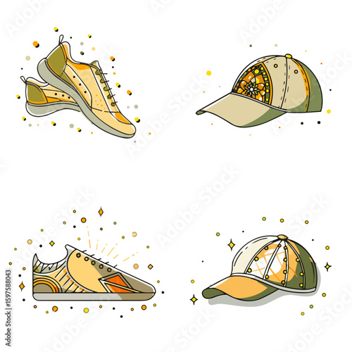 Cap and sneakers icon set for blogs, websites, clipart, fashion, sport, casual style, educational and awareness materials, presentations