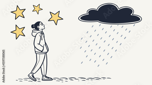 Contemplative Walk, Young Girl, Under Dark Clouds, Illustration, Urban Environment, Perspective, Emotions