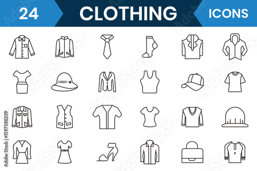 Clothing line icon vector collection. Clothes and  Fashion icons such as Jacket, Winter Coat, Sweatshirt, Dress, Hoody, Jeans, Hanger, trousers, pants, hanger and other Apparel. Vector illustration.