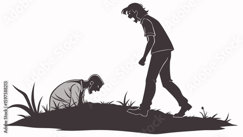 A Dominant Figure Overwhelming a Subdued Opponent in a Graphic Illustration