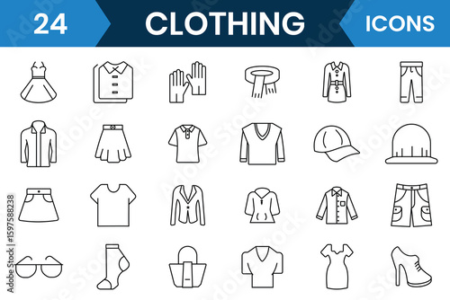 Clothing icon set. Clothes and fashion icon. Icon for jacket, winter, coat, sweatshirt, dress, hat, t-shirt, sunglass, bag, handclap, jeans, shoes and more. Vector illustration.
