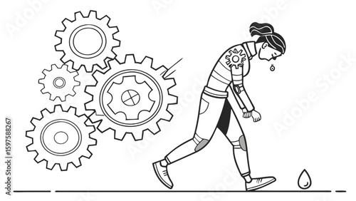 A Struggling Individual Surrounded by Gears in a Mechanical Environment