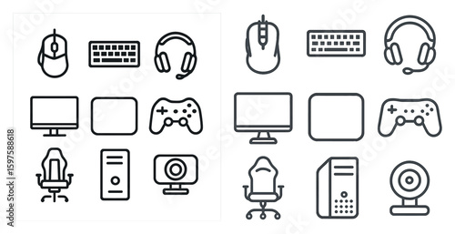Gaming equipment outline icons set – linear, tech, gadgets, and esports symbols