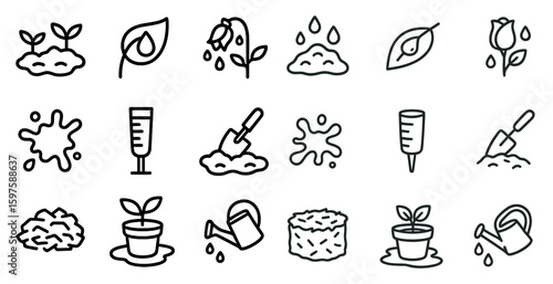 Gardening outline icons set – seedling, nature, and plant care symbols