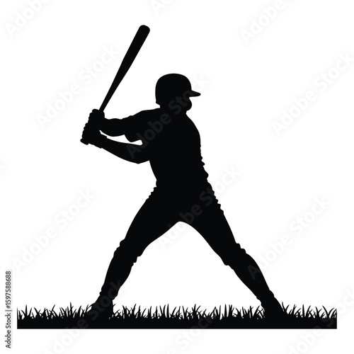 Player with Bat & Equipment Silhouette, Vector, Illustration, Outline, Line Art, Icon, White Background.