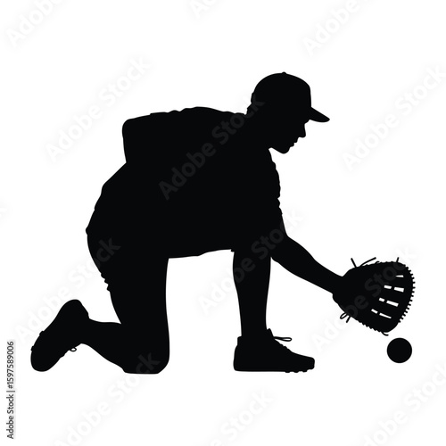 Shortstop Fielding Grounder Silhouette, Vector, Illustration, Outline, Line Art, Icon, White Background.