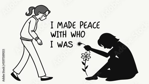 Finding Peace with Self, Illustrated Scene, Personal Growth, Introspective Environment, Artistic Viewpoint, Conceptual Depth