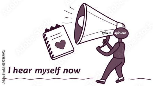 Person Using Megaphone to Share Personal Thoughts Amidst External Opinions in a Minimalistic Environment