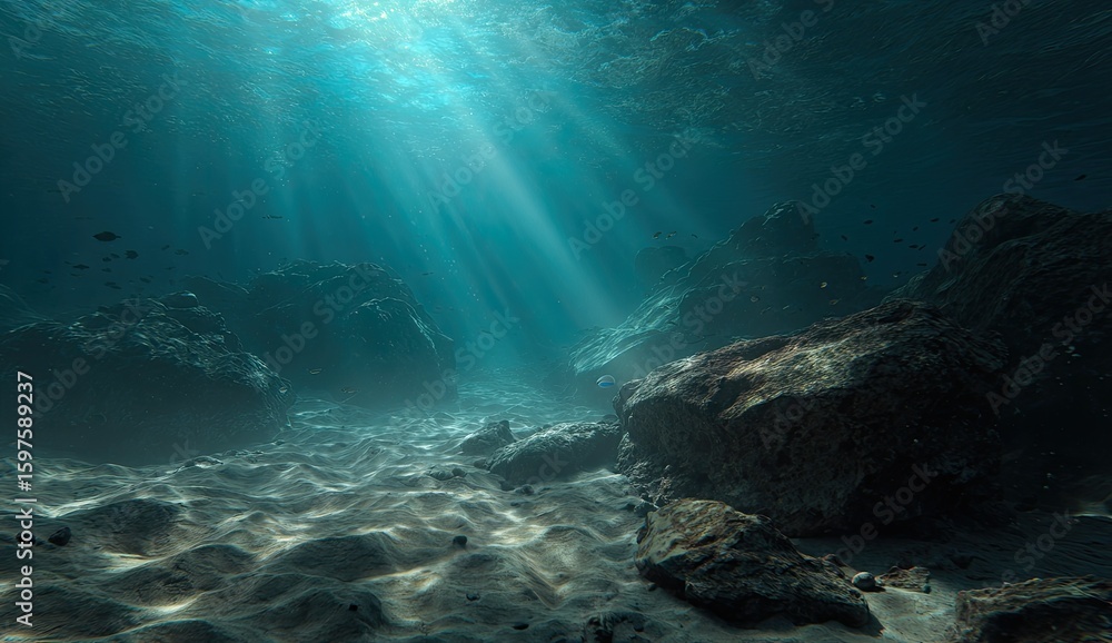 Fototapeta premium Underwater scene of sunlight piercing through the surface