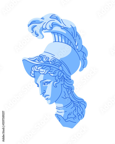 Ancient Greece gypsum head sculpture of Athena. Antique statue of Greek goddess of wisdom and warfare. Old marble bust of woman in helmet. Flat isolated vector illustration on white background