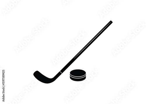 Hockey stick and puck silhouette black vector white background
