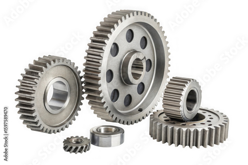 Collection of metal gears isolated on transparent background