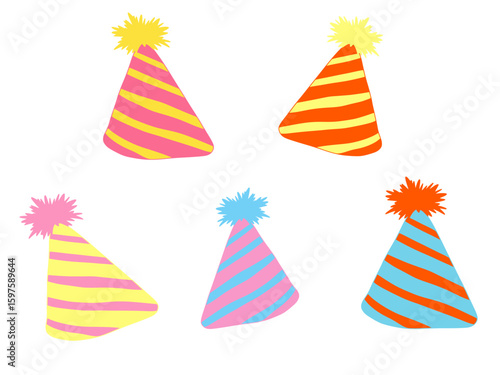 Six colorful party hats celebrating a festive occasion