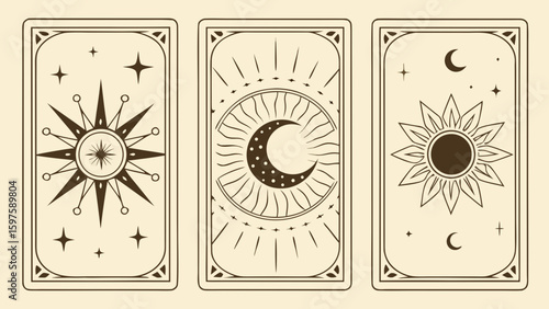 A collection of three tarot cards featuring celestial designs: sun, moon, and stars in a minimalist style.
