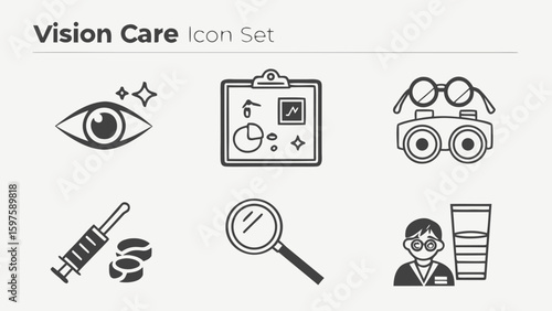 A thoughtful female optometrist takes notes, surrounded by glasses, an eye chart, and contact lens packs.
