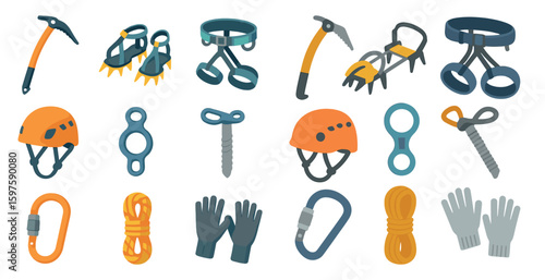 Mountain climbing icons set – flat, solid, hiking and outdoor adventure symbols