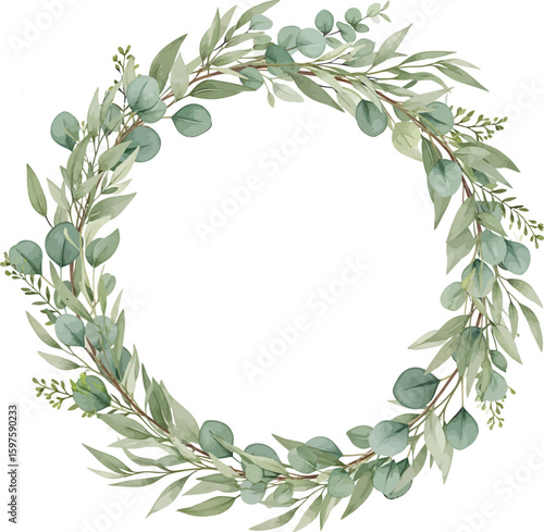 Beautiful watercolor greenery wreath with delicate eucalyptus leaves and ferns on a white background