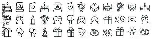 Wedding and celebration icons set – outline, linear, anniversary symbols