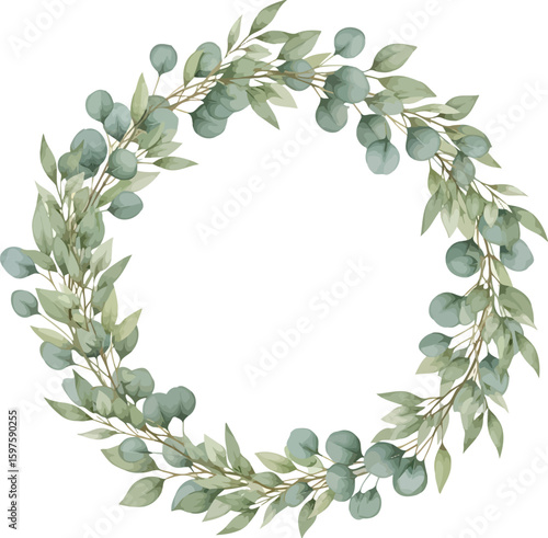 Elegant watercolor greenery wreath with delicate eucalyptus leaves and twigs on a white background