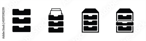 Drawer and Filing Cabinet Icons – Minimalist Black Solid Design for Storage, Archive, and Office Organization