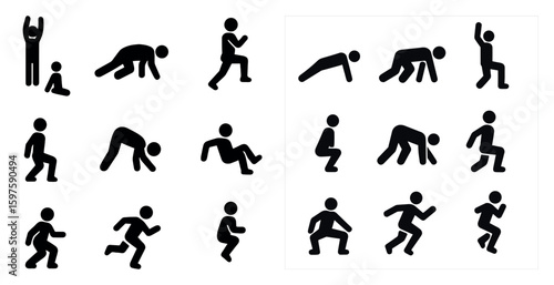 Fitness and exercise icons set – silhouette, solid, workout and gym symbols