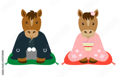 新年のご挨拶をする着物を着たオスとメスの馬_2