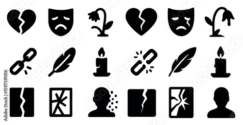 Sadness and emotions solid icons set – feelings, melancholic, expression symbols