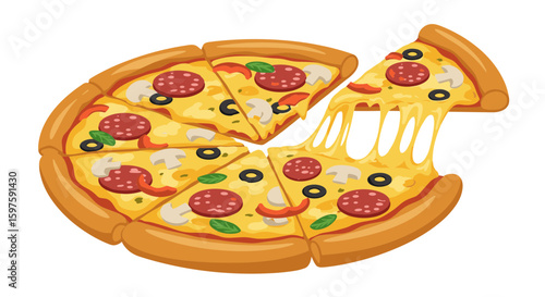 Pepperoni pizza with melted cheese and toppings on transparent background