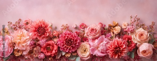Wallpaper Mural The Beautiful Floral Arrangement of Pink Roses and Dahlias on Pastel Background Torontodigital.ca