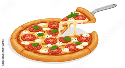 Pepperoni pizza on white plate with fresh basil and cheese pull  on transparent background